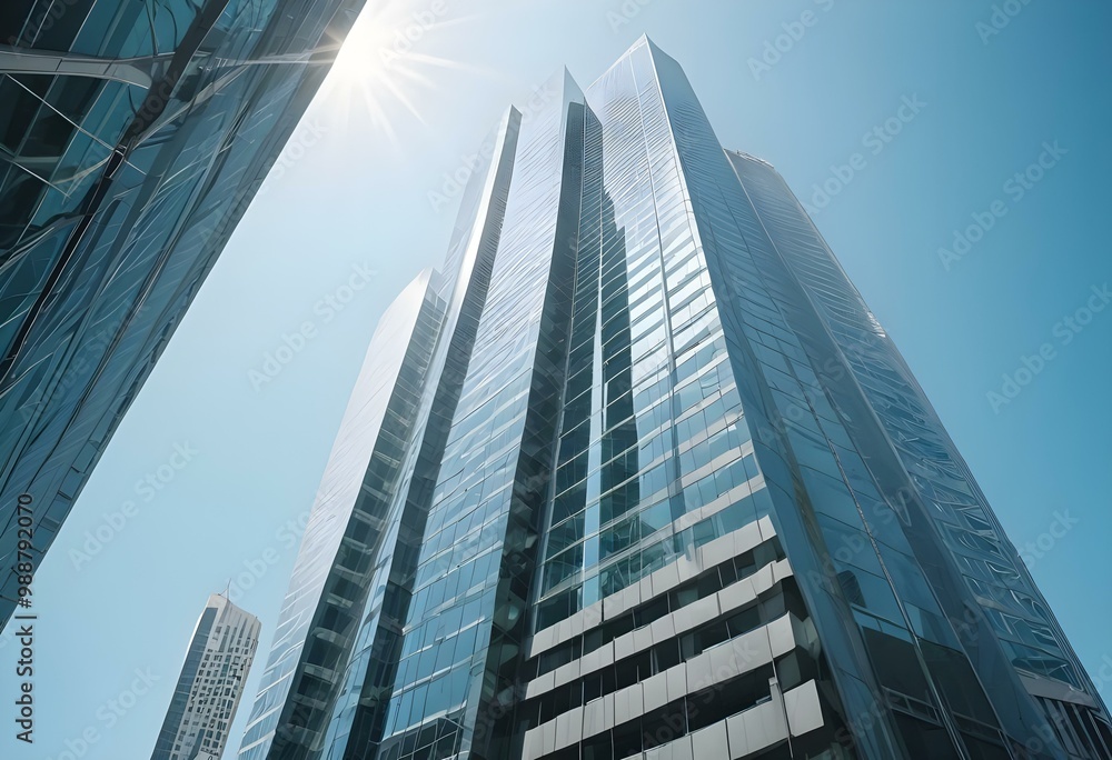 Obraz premium Modern glass and steel skyscraper with curved architectural design against a clear blue sky