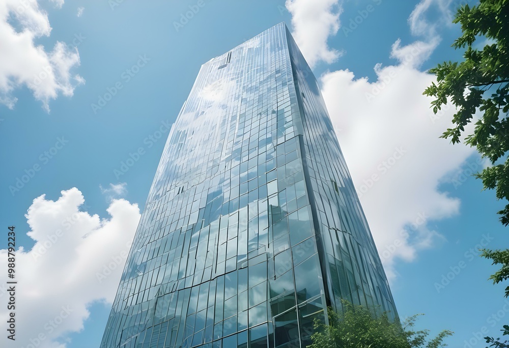 Fototapeta premium Modern glass and steel skyscraper with curved architectural design against a clear blue sky