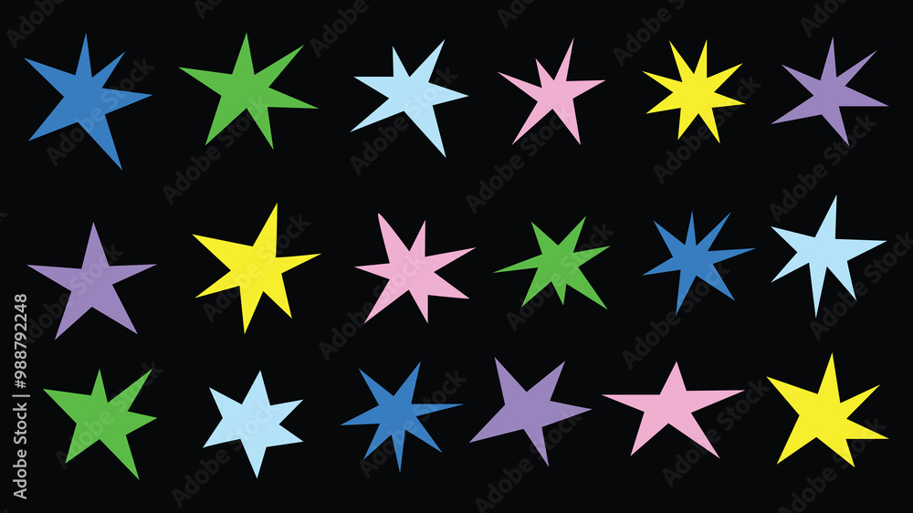 Set of various colorful pointed stars of different shapes, simple flat style, vector illustration. Sparkling glitters isolated on black background. Organic asterisks pattern. Set of various colorful pointed stars of different shapes, simple flat style, vector illustration. Sparkling glitters isolated on black background. Organic asterisks pattern.
