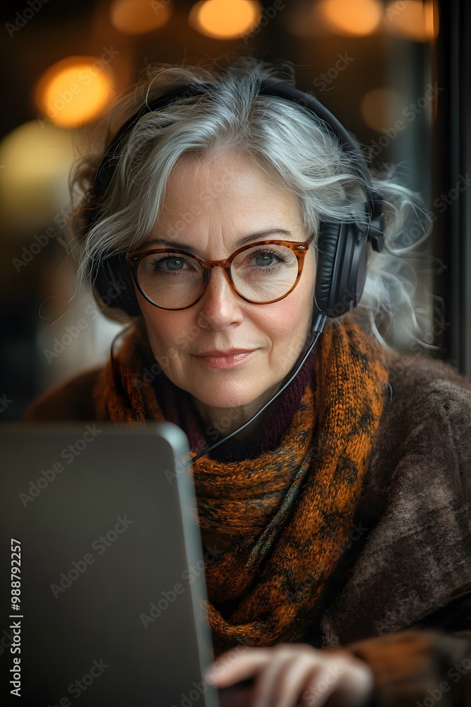 Senior woman deeply engaged in an online course on her laptop, headphones on, with a well-organized desk and tech-friendly environment. Senior woman deeply engaged in an online course on her laptop, headphones on, with a well-organized desk and tech-friendly environment.
