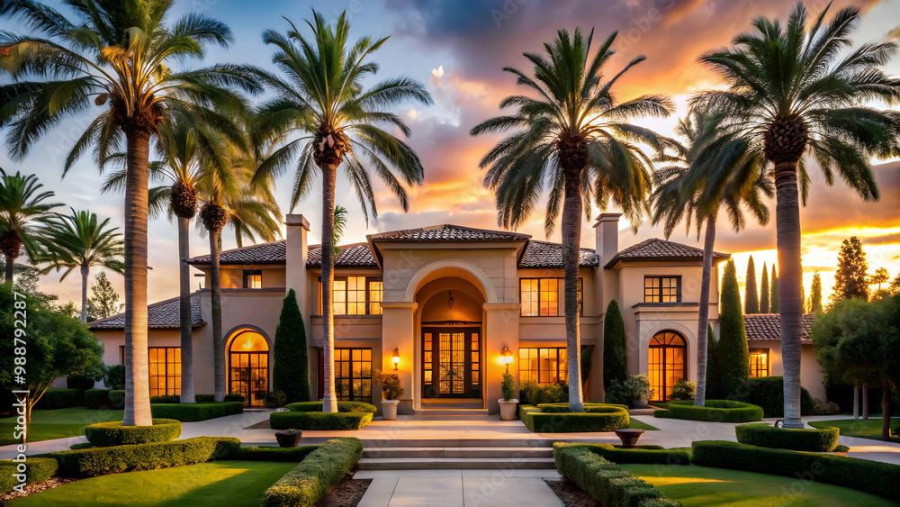 Sunset serenity: A sleek house under a breathtaking canvas of colors.“The golden hour casts its magic over an architect’s dream home.”