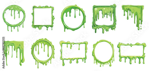 Liquid green slime flow frames set and corners. Rectangular oval round square shape. Smoothly flowing dripping monster zombie poison ooze green paint. Cartoon style isolated vector clipart collection