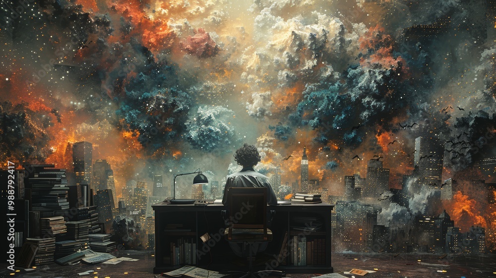 Surreal Office Scene with Dramatic Sky and Cityscape in Background, Person at Desk Amidst Books and Papers Surreal Office Scene with Dramatic Sky and Cityscape in Background, Person at Desk Amidst Books and Papers