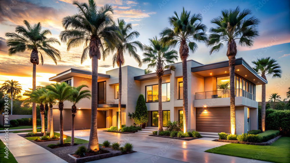 A contemporary villa basks in the warm glow of a vibrant sunset. “Luxurious living meets stunning skies in this modern home’s evening display A contemporary villa basks in the warm glow of a vibrant sunset. “Luxurious living meets stunning skies in this modern home’s evening display