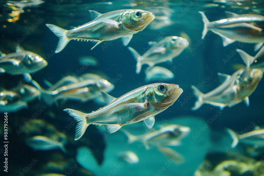 Fototapeta premium Scad jamb under water, sea ecosystem, large school of fish on a blue background.