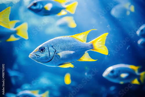 Scad jamb under water, sea ecosystem, large school of fish on a blue background. photo