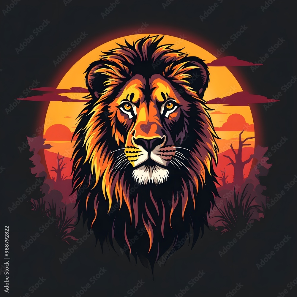 Obraz premium Majestic Lion Sunset Savanna Tribal T-Shirt Design