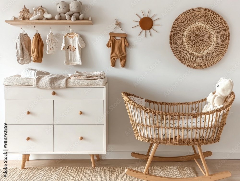 Obraz premium A baby's nursery with a crib, dresser, and a sun-shaped decoration. A teddy bear is on the crib