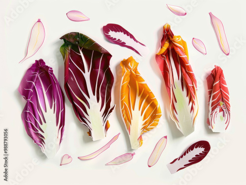 Variety of cut leafy vegetables including radicchio, endive, and chicory arranged on a light background. Colorful vegetable illustration showcasing different textures and colors. photo