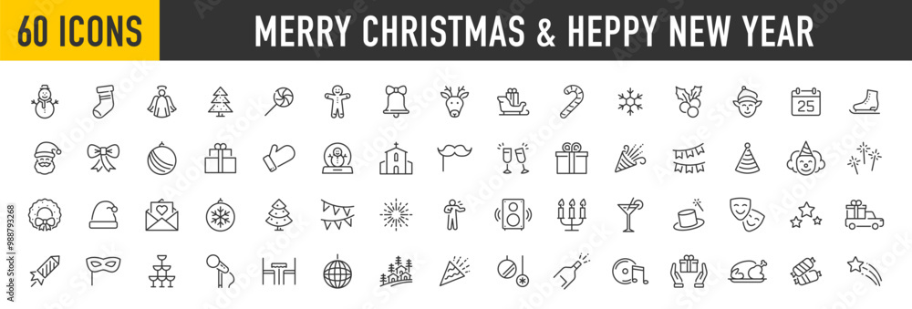 Christmas and Happy New Year web icons in line style. Xmas, winter, party, santa, tree, event, bell, snow, angel, fireworks, snowman, collection. Vector illustration. Christmas and Happy New Year web icons in line style. Xmas, winter, party, santa, tree, event, bell, snow, angel, fireworks, snowman, collection. Vector illustration.