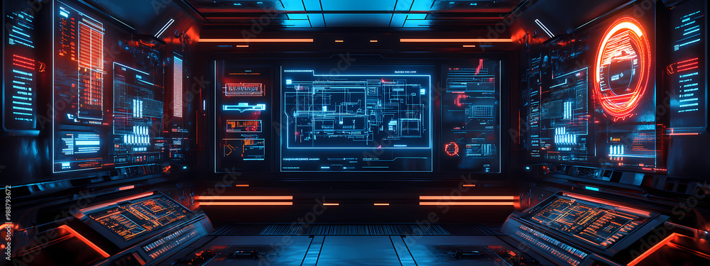 High-Tech Dashboard with Holographic Blueprints High-Tech Dashboard with Holographic Blueprints