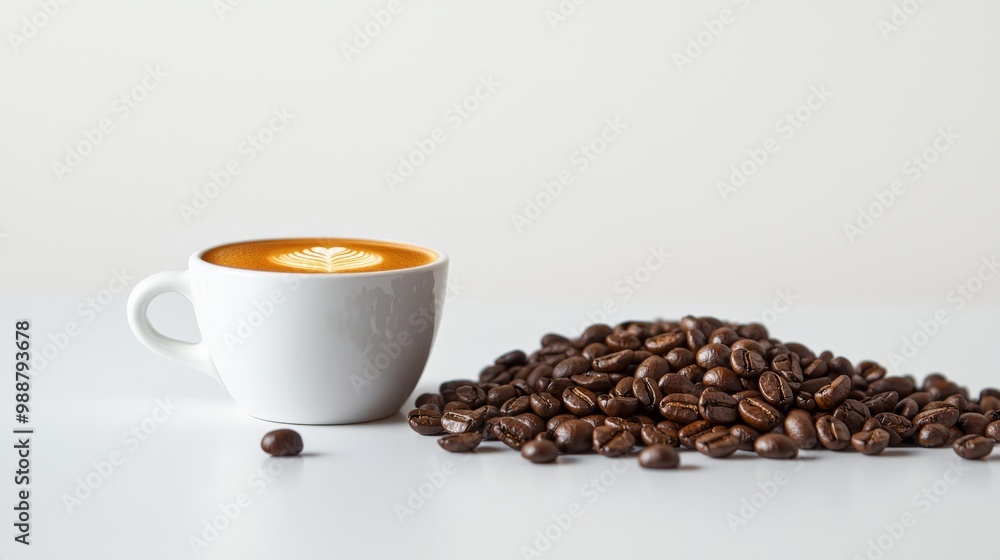 A minimalist espresso cup with perfect crema beside a pile of glossy coffee beans, set against a clean white background. A minimalist espresso cup with perfect crema beside a pile of glossy coffee beans, set against a clean white background.