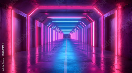 Abstract Neon Tunnel with Pink and Blue Lights 3D Illustration