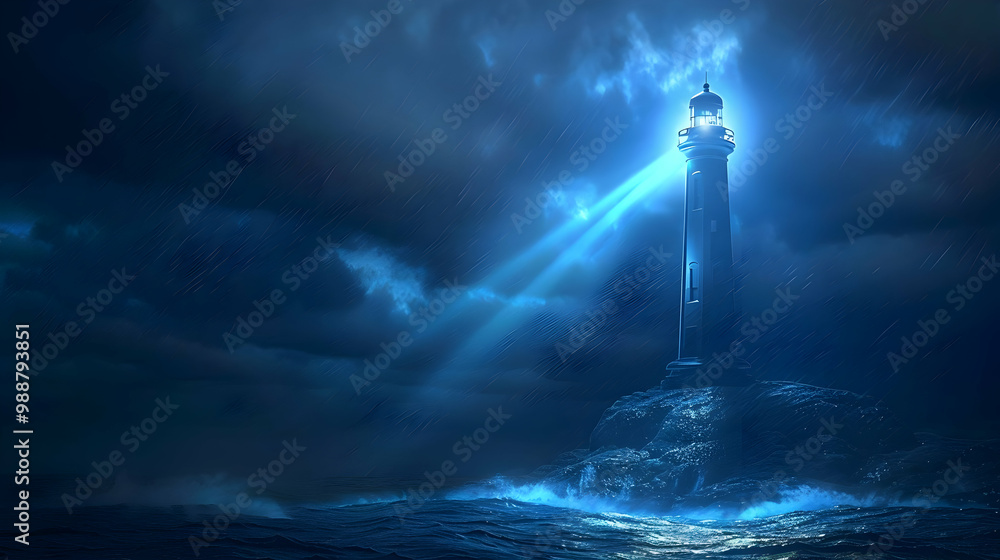Fototapeta premium Lighthouse Shining Through Stormy Sea at Night