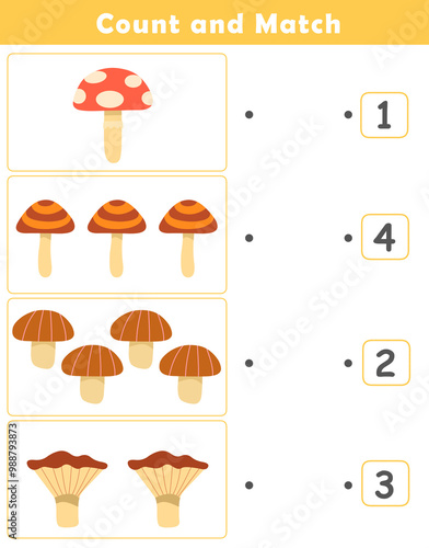 Counting educational children game. Math kids activity sheet. How many counting game with cute mushroom illustration.