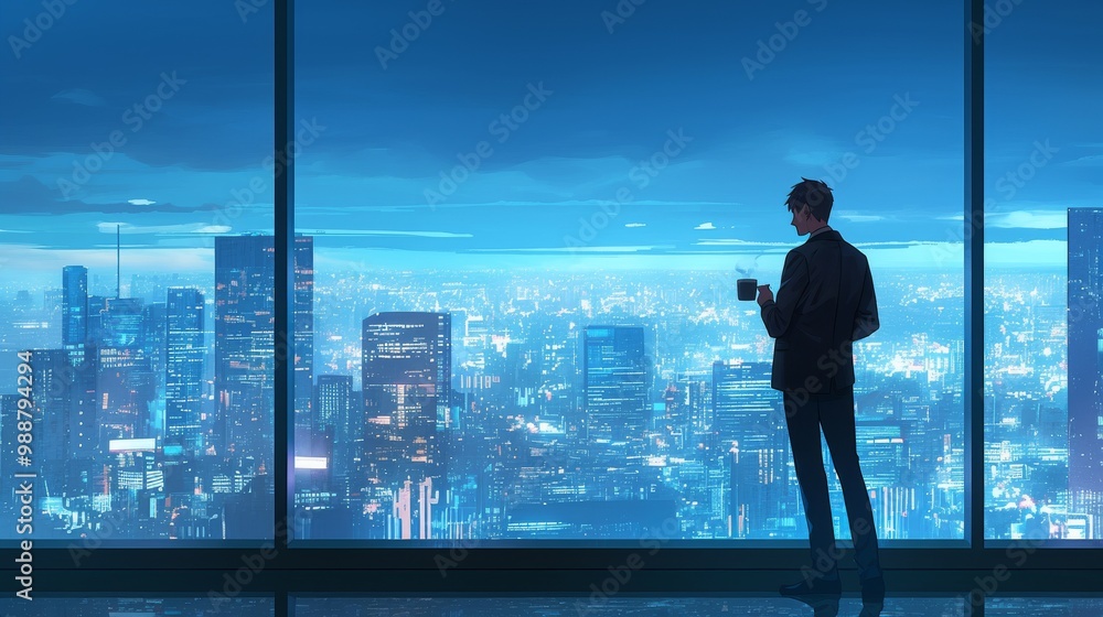 Fototapeta premium Businessman Looking at City Skyline. generative ai illustration.