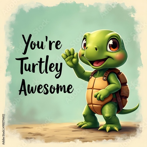 Cute Cartoon Turtle Saying You're Turtley Awesome