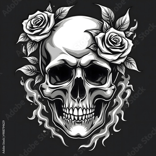 Monochrome Skull with Roses and Tribal Tattoos T-Shirt Design photo