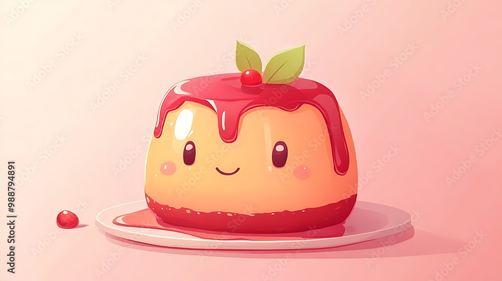 Cute cartoon pudding with cherry and sauce on a plate. Cute cartoon pudding with cherry and sauce on a plate.