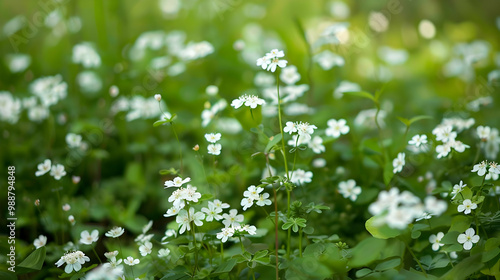 Delicate White Flowers Blooming in a Lush Green Meadow