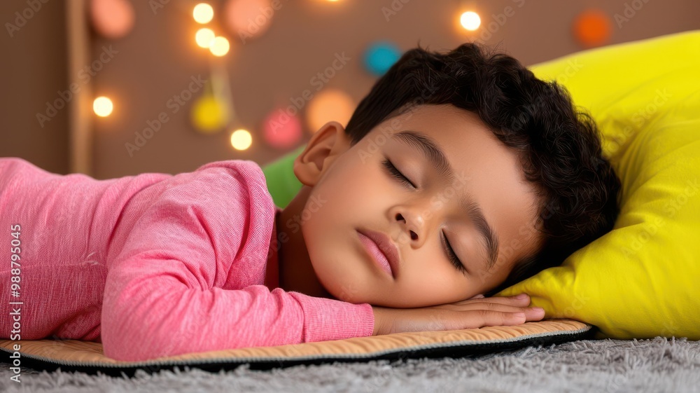 Children napping on small mats in a cozy daycare room, with soft lighting naptime, daycare rest Children napping on small mats in a cozy daycare room, with soft lighting naptime, daycare rest