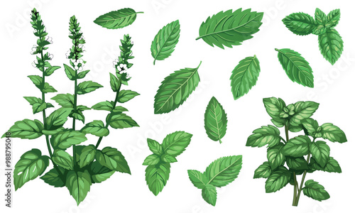 Mint leaf set. Green branches blooming mint plant leaves. Botanical herb illustration. Fresh greenery. Design element for advertising packaging menu greeting card. Cartoon style isolated vector