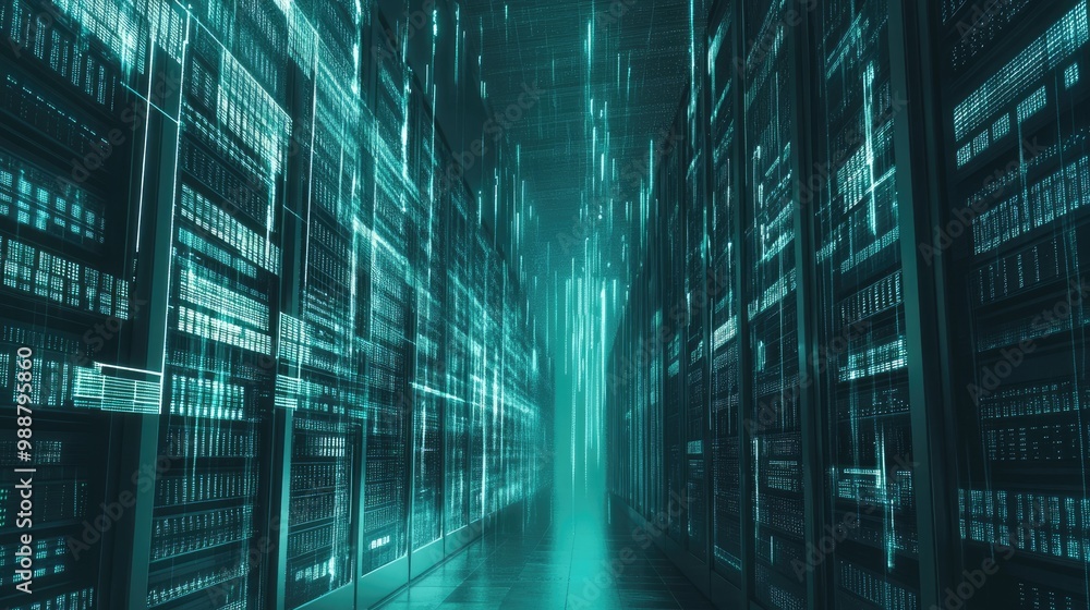 Obraz premium Copy space banner for digital law, with rows of servers in a data center, blending justice and technology.