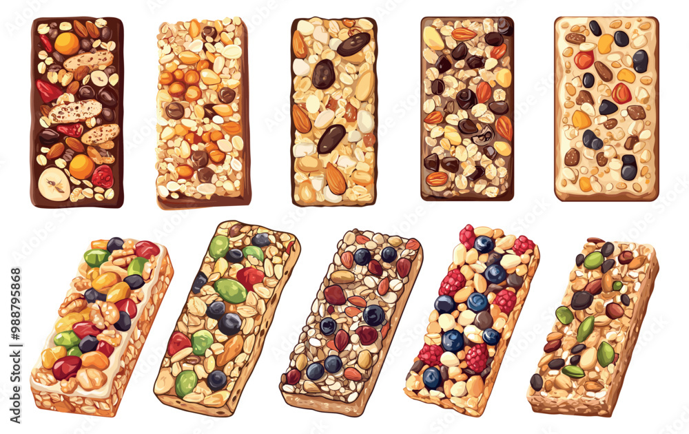 Muesli bar set. Top view. Granola with nuts cereal dried fruits banana pineapple chocolate seeds. Healthy protein bar energy snack food. Cartoon style isolated vector clipart collection Muesli bar set. Top view. Granola with nuts cereal dried fruits banana pineapple chocolate seeds. Healthy protein bar energy snack food. Cartoon style isolated vector clipart collection