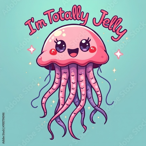 Smiling Jellyfish Cartoon Illustration: 'I'm Totally Jelly'  photo