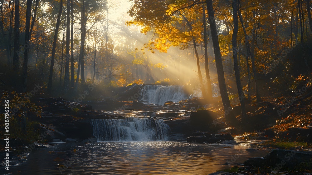 Obraz premium A serene autumn morning with sunlight streaming through a forest by a tranquil waterfall.