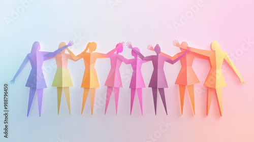 A group of diverse, vibrant paper cutout figures holding hands in a protective, circular embrace, with hands positioned above them like a shie photo