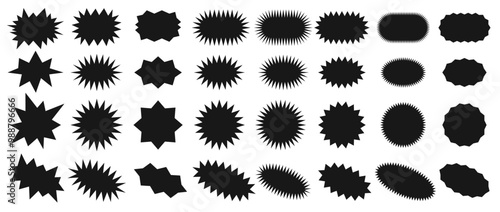 Sunburst badges. Starburst zigzag shapes, sharp star price tag, jagged sale or discount stickers, spiky shopping label silhouettes. Decorative vector elements set