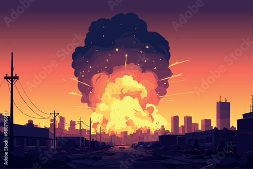 Nuclear explosion in the city landscape. Tragedy destructions and war concept. Mushroom cap cloud. Atomic bomb nuclear blast. Terrible military actions. Cartoon style vector illustration