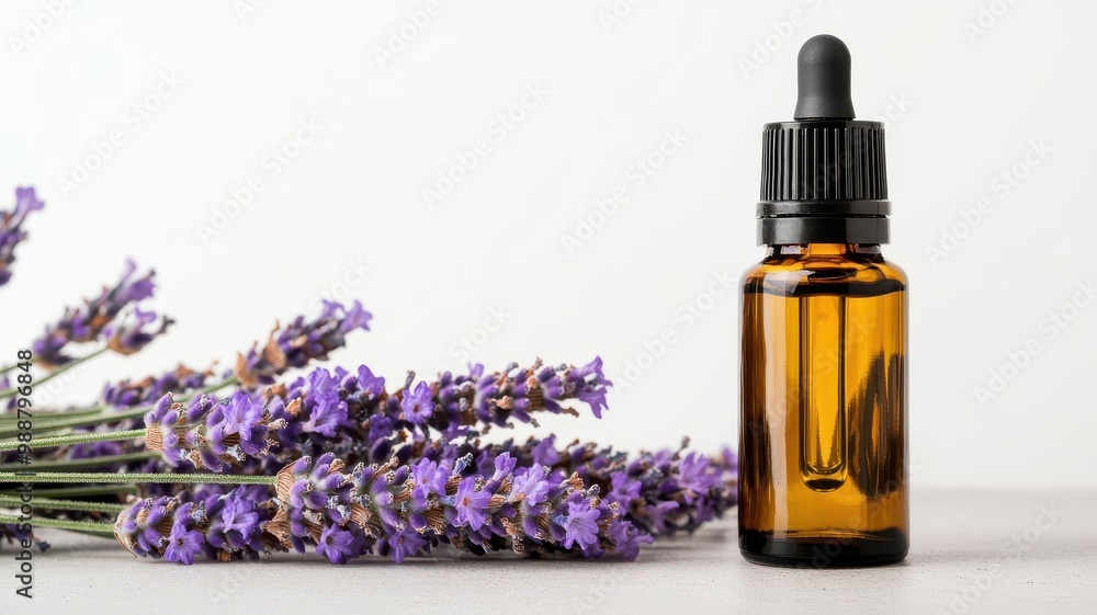 Close-up of lavender flowers next to a bottle of lavender essential oil, symbolizing natural relaxation lavender oil, calming aromatherapy Close-up of lavender flowers next to a bottle of lavender essential oil, symbolizing natural relaxation lavender oil, calming aromatherapy