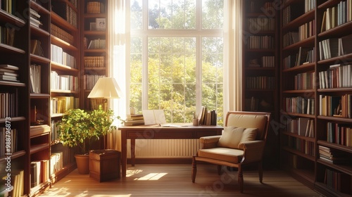 Cozy home library with a wooden desk, armchair, and bookshelves, bathed in bright light, perfect for peaceful reading or studying.