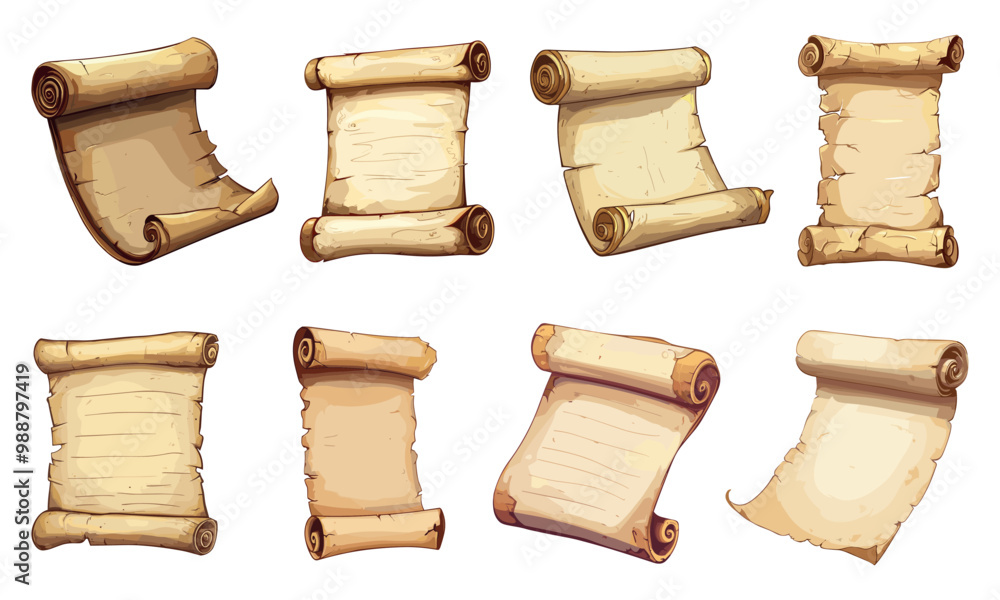 Old parchment paper set. Unrolled scrolled curved empty manuscript paper. Ancient epistle letters. Historical pages. Vintage element for your designs. Cartoon style isolated vector clipart collection Old parchment paper set. Unrolled scrolled curved empty manuscript paper. Ancient epistle letters. Historical pages. Vintage element for your designs. Cartoon style isolated vector clipart collection