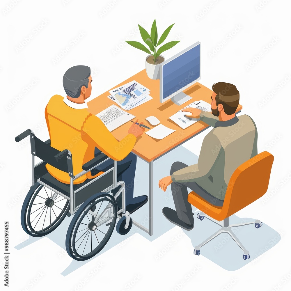 Business Meeting Between Colleagues in Office, One in Wheelchair, Discussing Documents at Desk with Computer Business Meeting Between Colleagues in Office, One in Wheelchair, Discussing Documents at Desk with Computer