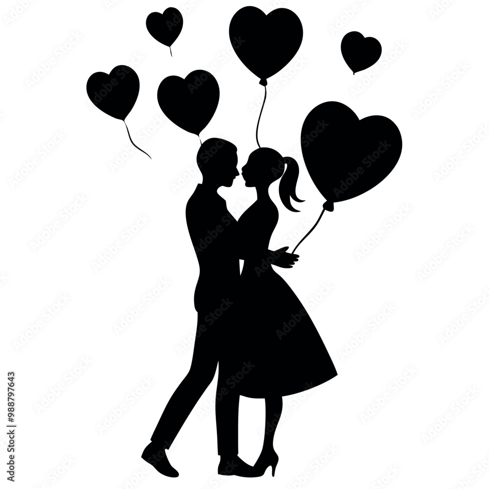 a black silhouette of a couple embracing and kissing. The couple is standing close together a black silhouette of a couple embracing and kissing. The couple is standing close together