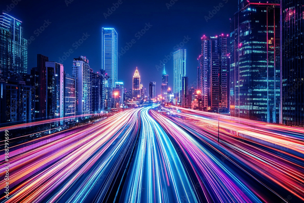 Fototapeta premium futuristic city at night with neon lights and motion