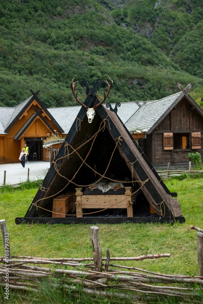 Traditional Viking Tent in Mountainous Landscape Traditional Viking Tent in Mountainous Landscape
