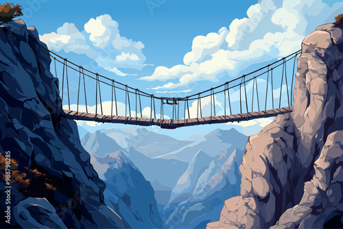 Old rope suspension bridge between mountains above cliff landscape. Pass road on top of rocky gap. Nature mountain view. Big rocks blue sky clouds. Adventure travel game background. Cartoon style
