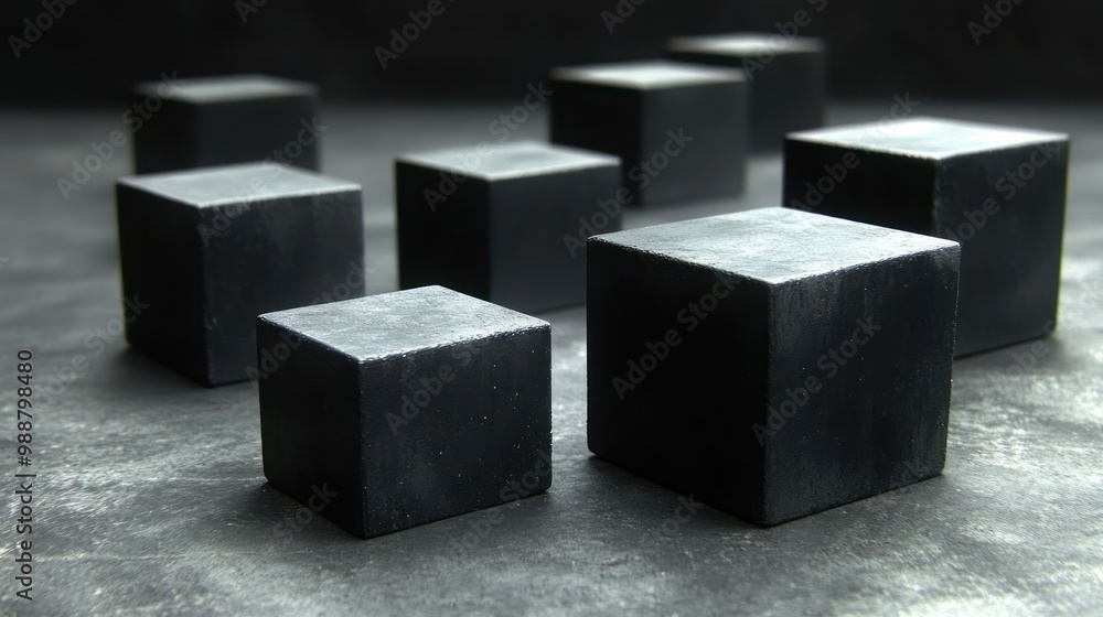 A collection of black cubes arranged on a textured surface, creating a minimalist aesthetic. A collection of black cubes arranged on a textured surface, creating a minimalist aesthetic.