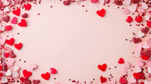 valentineâ€™s day confetti: a romantic frame made from pink and red heart-shaped confetti, arranged around a soft blush background, the sweet colors create a charming border