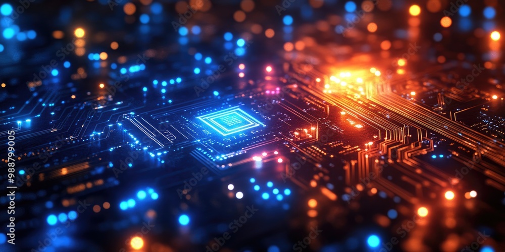 Fototapeta premium A computer chip with a blue square on it