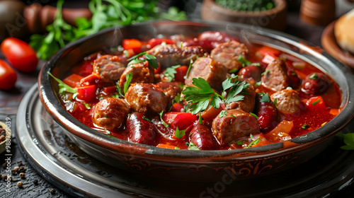 Steaming Sausage and Vegetable Stew in a Rustic Pot