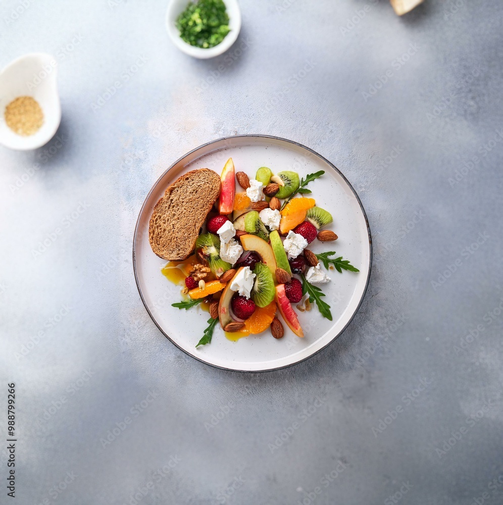 A plate of fresh fruit salad with toasted bread, almonds, and cheese. A plate of fresh fruit salad with toasted bread, almonds, and cheese.