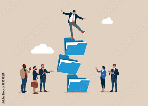 Investor falling from stack of unstable files folders. Unstable online data, risky situation. Flat vector illustration