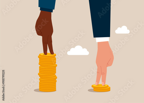 Hand african american standing on high salary coins tower with poor  white man on low coins stack. Economic inequality, rich and poor gap, unfairness income, different money people being paid.