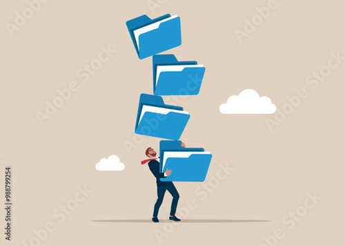 Businessman hold of stack of unstable files folders. Crisis online data policy. Organizing file and document in database. Flat vector illustration