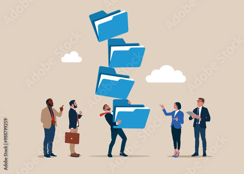 Businessman hold of stack of unstable files folders. Organizing file and document in database. Flat vector illustration